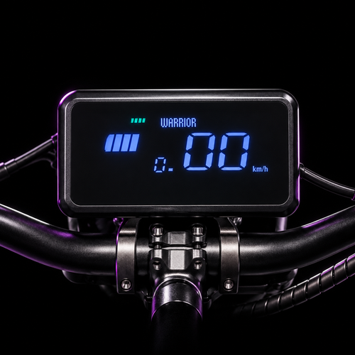 Warrior digital display styled on black with purple edge lighting